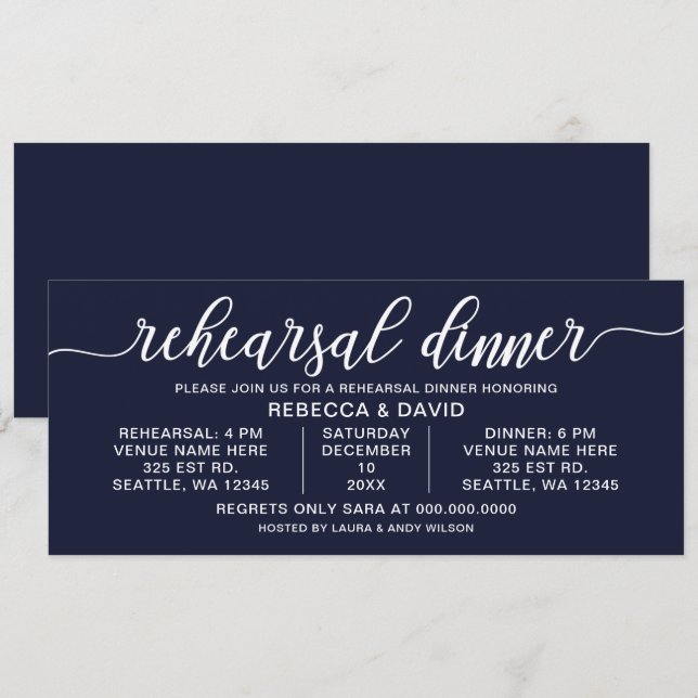Invitación Ensayo de caligrafía blanca y naval (Anverso / Reverso)