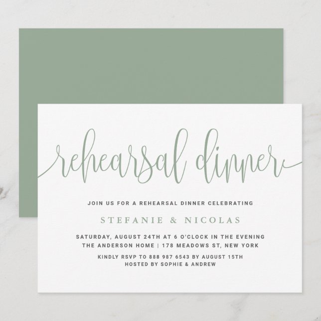Invitación Ensayo de caligrafía de Bonito verde sabio (Anverso / Reverso)