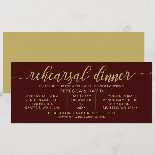 Invitación ensayo de caligrafía de burdeos y oro Cena (Anverso / Reverso)