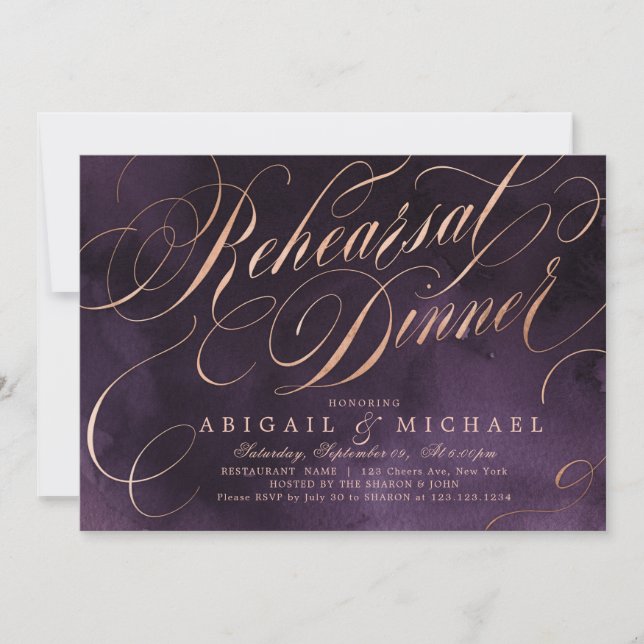 Invitación Ensayo de caligrafía de oro morado morado (Anverso)