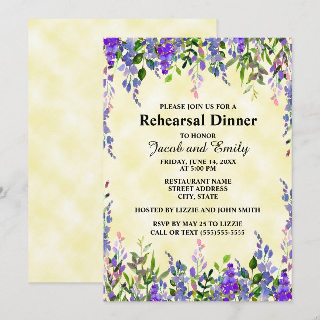 Invitación Ensayo de casamiento amarillo floral de lavanda ac (Anverso / Reverso)