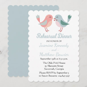 Invitación Ensayo de cena Boda de aves amorosas rosas y azule