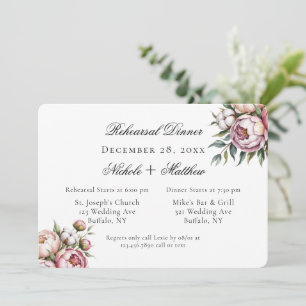 Invitación Ensayo de cena de boda con peonía rosa y algodón