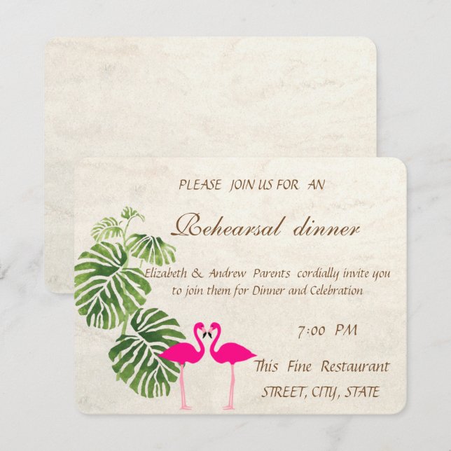 Invitación Ensayo de cena de boda de flamencos tropicales (Anverso / Reverso)