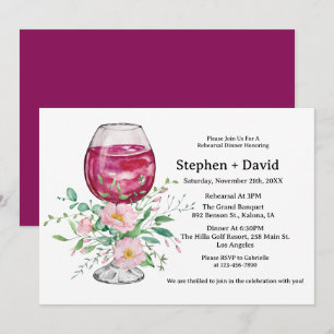 Invitación Ensayo de cena floral con copa de vino acuarela