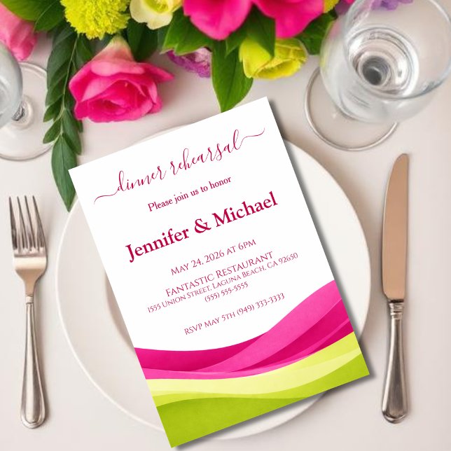 Invitación Ensayo de Cena Fuchsia y Verde Lima  (Fuchsia and Lime Green Dinner Rehearsal  Invitation )