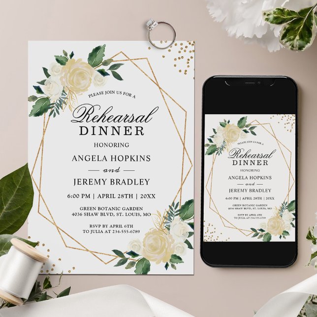 Invitación Ensayo de cena Purpurina de oro Floral verde (Subido por el creador)