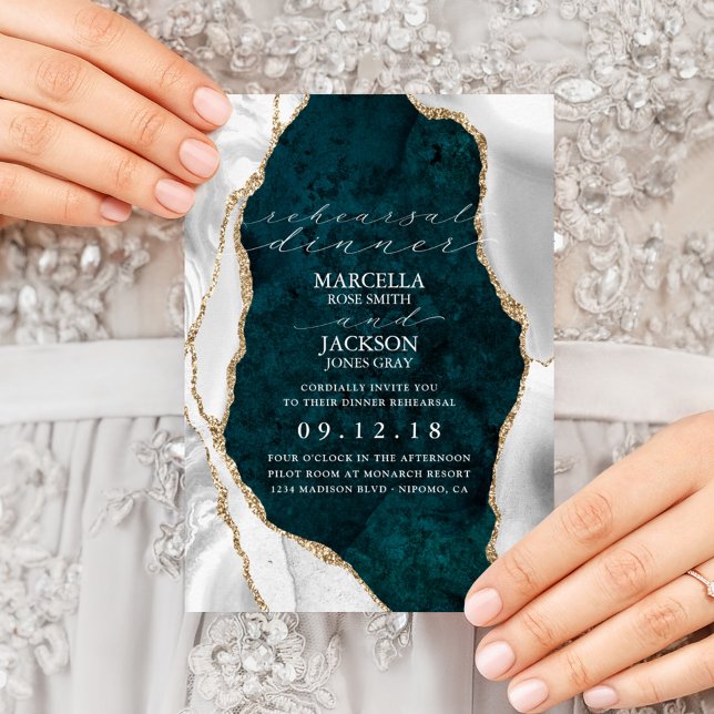 Invitación Ensayo de cena verde azulado, blanco de mármol y á (Subido por el creador)