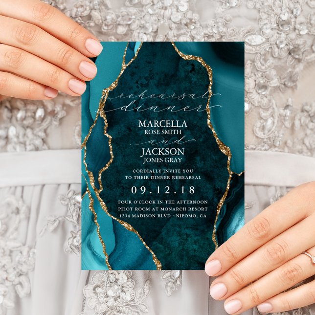 Invitación Ensayo de cena verde azulado, oro y mármol (Subido por el creador)