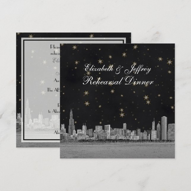 Invitación Ensayo de Chicago Skyline Black Gold Star S (Anverso / Reverso)