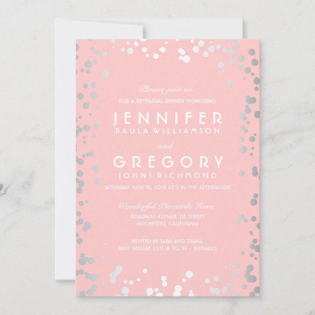 Invitación Ensayo de cosecha de confetti plateado y rosa (Anverso)