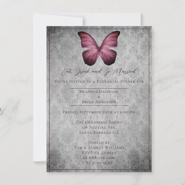 Invitación Ensayo de damasco de mariposa magenta vintage (Anverso)