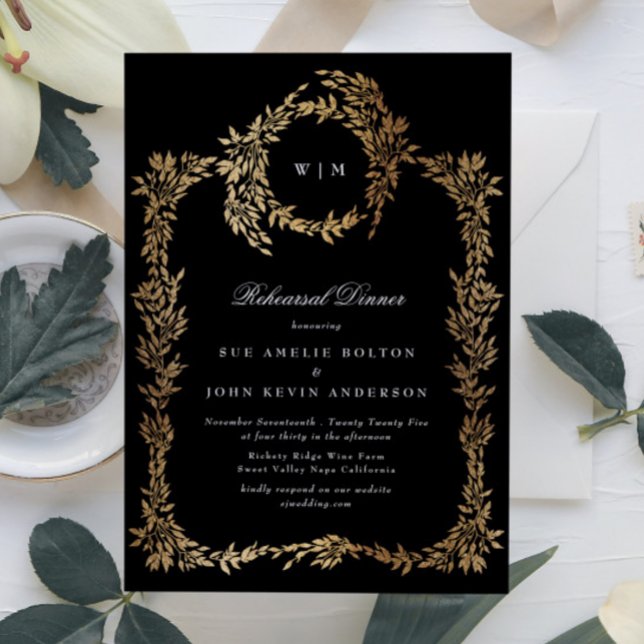 Invitación Ensayo de Escudo de oro de monograma negro premium (Subido por el creador)