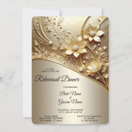 Invitación Ensayo de Floral Dorada Ornata Moderna con Perlas