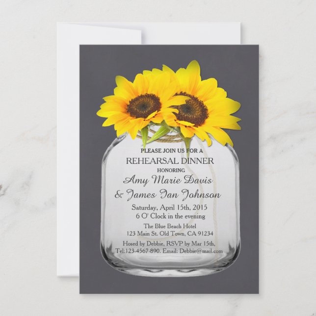 Invitación Ensayo de girasol jarrón de masón cena soleado7 (Anverso)