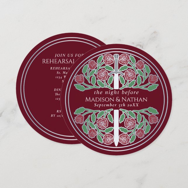 Invitación Ensayo de la Boda Real con Espada de Plata Roja  (Anverso / Reverso)