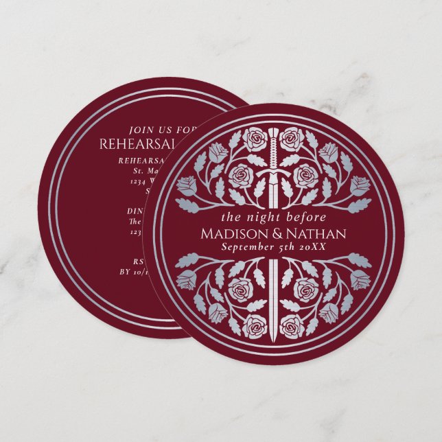 Invitación Ensayo de la boda real con espada de plata roja (Anverso / Reverso)