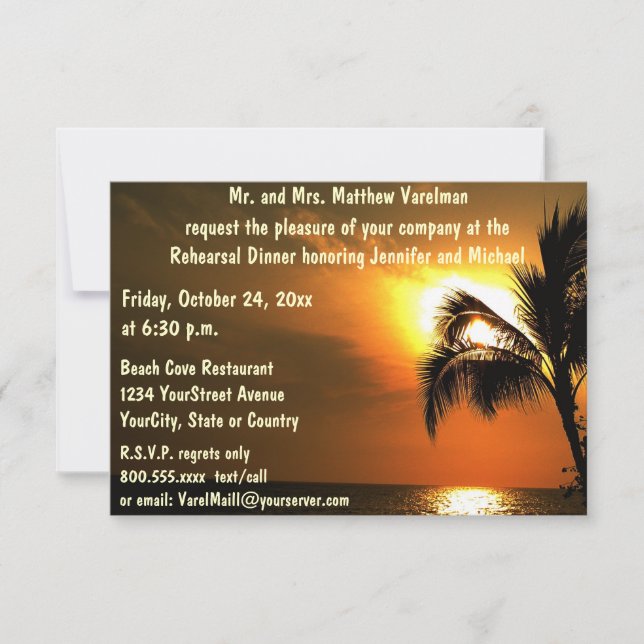 Invitación Ensayo de la cena atardecer tropical (Anverso)