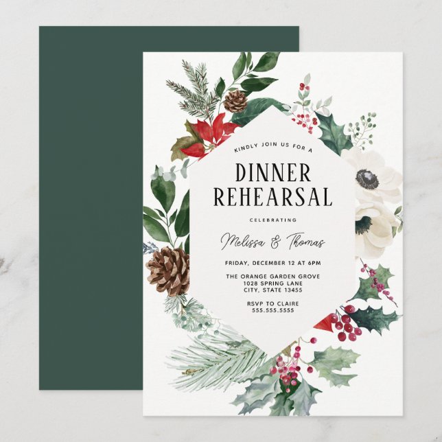Invitación Ensayo de la cena Boda de invierno Florals Greener (Anverso / Reverso)
