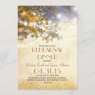 Invitación Ensayo de la cena con luces de roble y pájaros