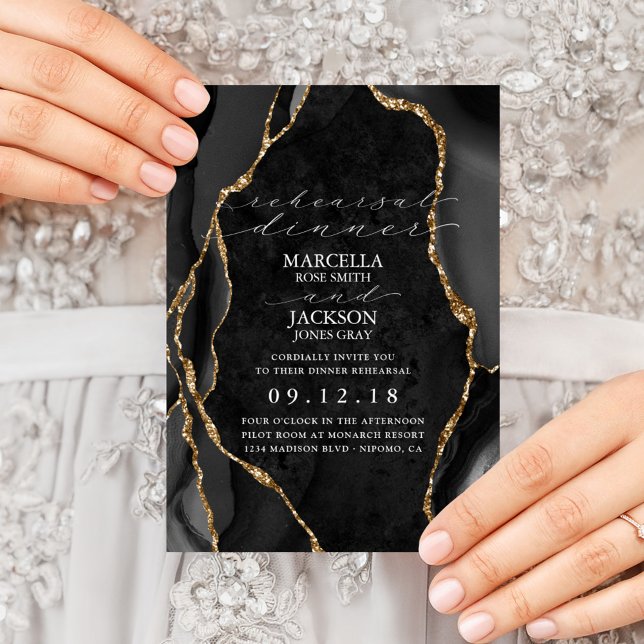 Invitación Ensayo de la cena de Black Marble & Gold Agate (Subido por el creador)