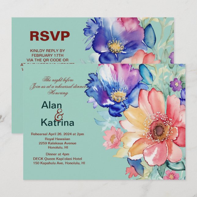 Invitación Ensayo de la cena de boda floral atrevido en verde (Anverso / Reverso)