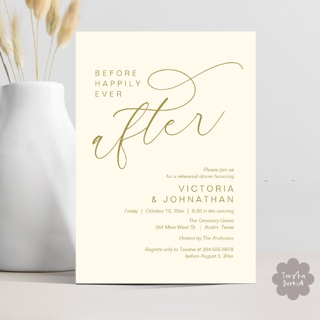 Invitación Ensayo de la cena moderna antes de felices para si (Modern Before Happily Ever After Romantic Rehearsal Dinner Invites Card PDF Aesthetic Yellow Gold)