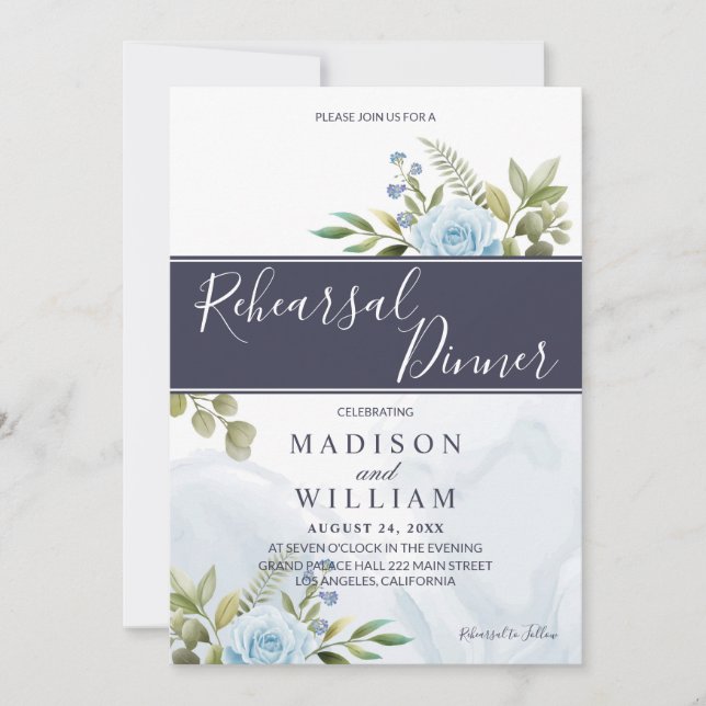 Invitación Ensayo de la cena Rosas azules elegantes (Anverso)