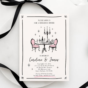 Invitación Ensayo de la mesa de la cena dibujada a mano blanc