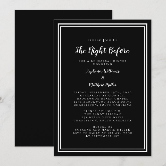 Invitación Ensayo de la noche del Boda antes del blanco negro (Anverso / Reverso)