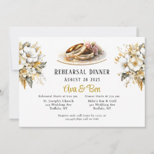 Invitación Ensayo de los anillos Bodas blancos y dorados