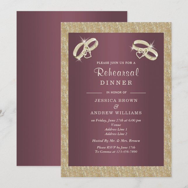 Invitación Ensayo de los anillos de oro de Burgandy y Sparkly (Anverso / Reverso)