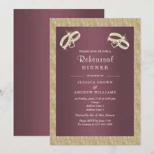 Invitación Ensayo de los anillos de oro de Burgandy y Sparkly