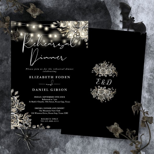 Invitación Ensayo de luces florales góticas negras (Gothic Black Floral Lights Rehearsal Dinner Invitation)