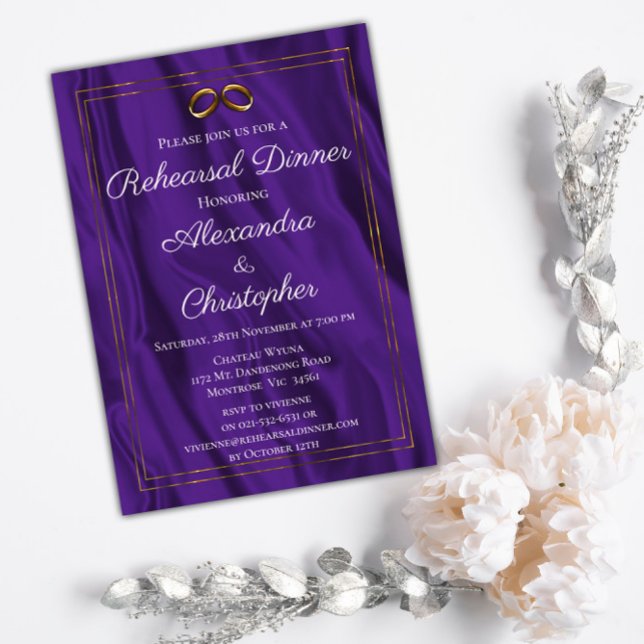 Invitación Ensayo de marco dorado y Boda de seda morada (Subido por el creador)