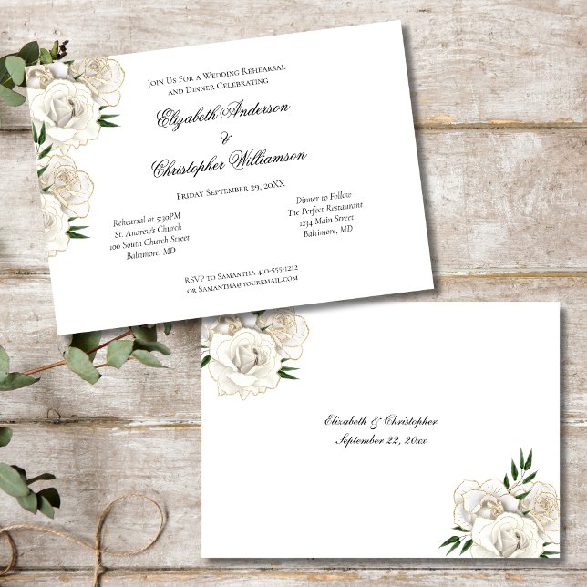 Invitación Ensayo de matrimonio elegante del Trim de oro de l (White Roses Floral Flowers Gold Trim, Wedding Rehearsal Dinner Invitation)