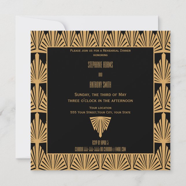 Invitación Ensayo de patrón oro y negro Art Deco (Anverso)