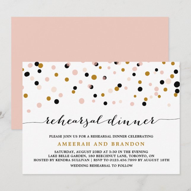 Invitación Ensayo de puntos de confetti rosados, dorados y ne (Anverso / Reverso)