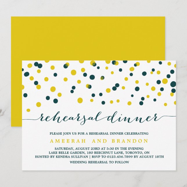 Invitación Ensayo de puntos de confetti verde azulados y amar (Anverso / Reverso)