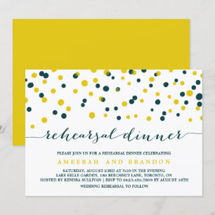 Invitación Ensayo de puntos de confetti verde azulados y amar
