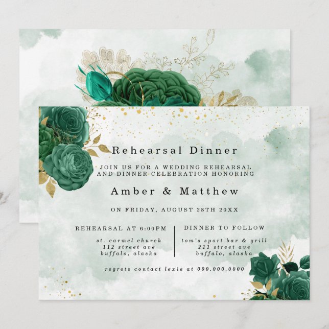 Invitación Ensayo de Purpurina de oro de Peony Verde Esmerald (Anverso / Reverso)