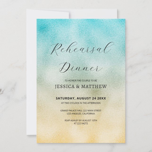Invitación Ensayo de Relieve metalizado Aqua y Ombre de Ombre (Anverso)