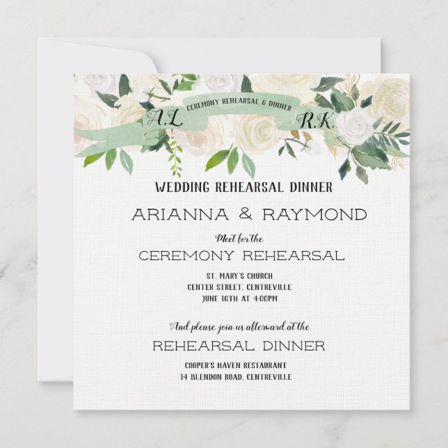 Invitación Ensayo de rosas blancas de color acuático romántic (Anverso)