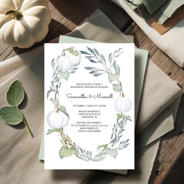 Invitación Ensayo de vegetación de BLANCO de Otoño (White pumpkin rehearsal dinner invitations for fall weddings by VG Invites)
