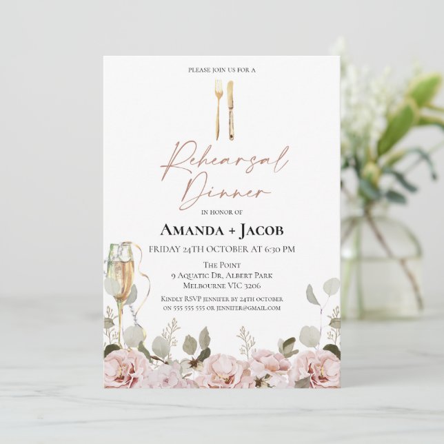 Invitación Ensayo de vidrio de champán floral de Rubor Cena (Anverso de pie)