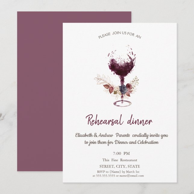 Invitación Ensayo de vidrio de vino de Borgoña Floral Cena (Anverso / Reverso)