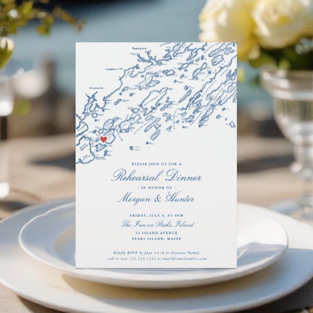 Invitación Ensayo del Boda azul de la Marina Maine (Peaks Island Maine Wedding Rehearsal Dinner Invitation for an elegant navy blue Casco Bay Wedding)