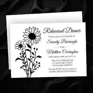 Invitación Ensayo del Boda blanco negro floral Minimalista