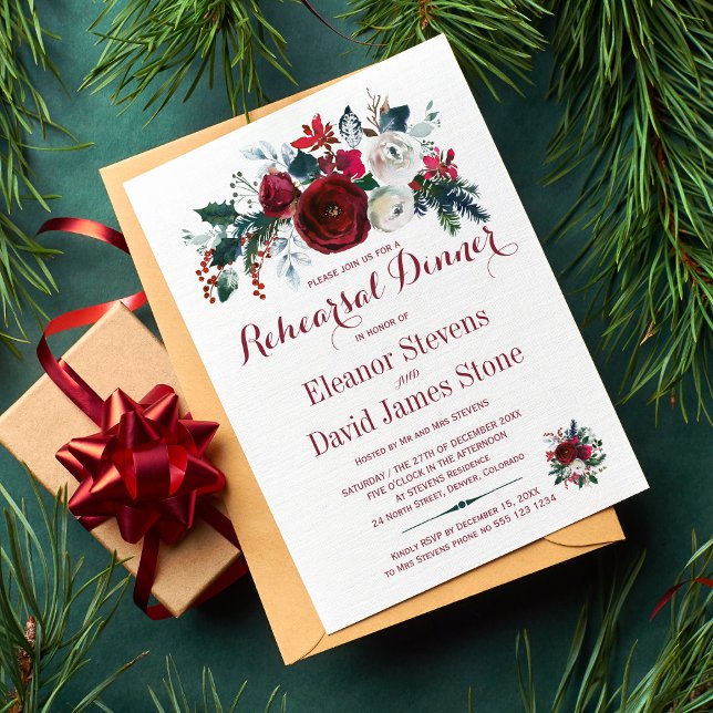 Invitación Ensayo del boda blanco rojo de invierno floral (Subido por el creador)