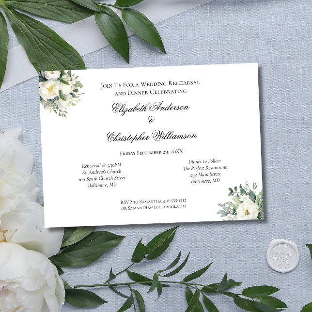 Invitación Ensayo del Boda botánico de Eucalipto de Rosa Blan (White Rose Floral Eucalyptus Wedding Rehearsal Dinner Invitation)